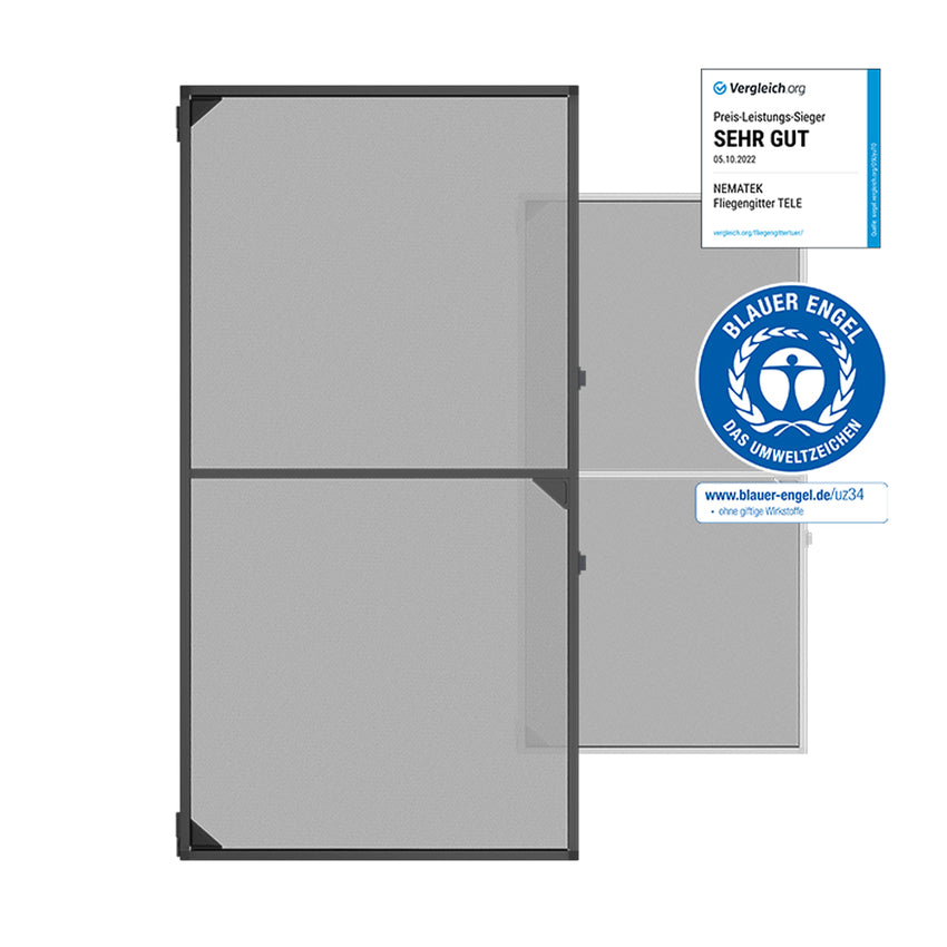 zwei Fliegengitter-Türen mit Testsiegel